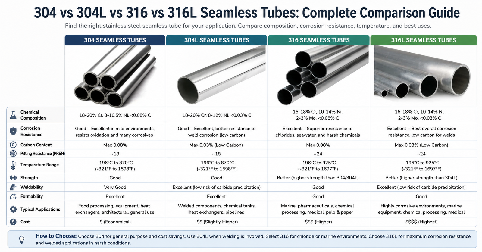 304 vs 304L vs 316 vs 316L Seamless Tubes